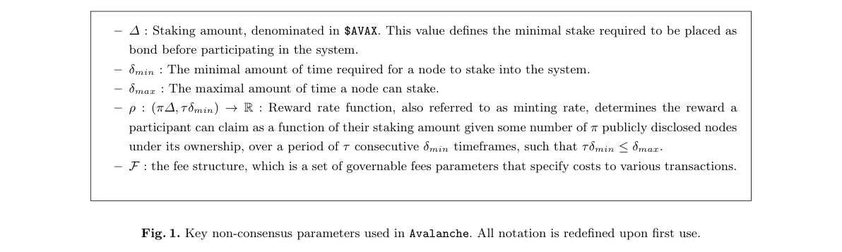 Staking and fee parameters in the Avalanche platform