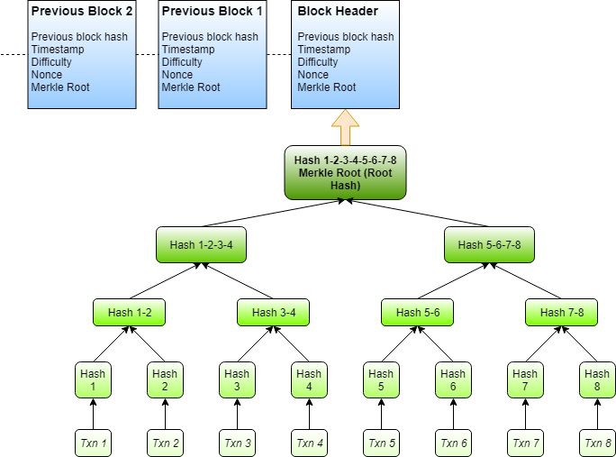 Block header and Merkle tree structure showing how TRX transactions are hashed into the Merkle root
